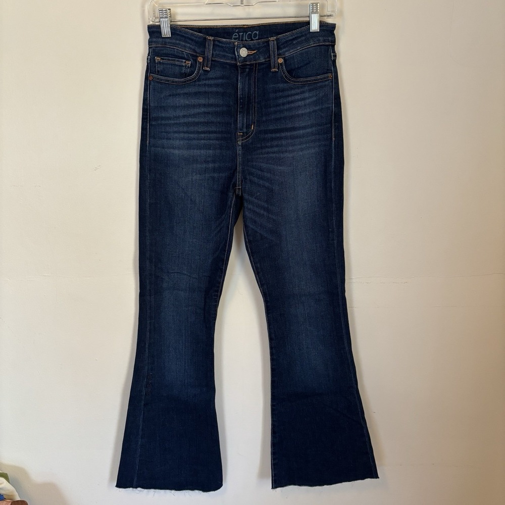 Etica Nina High Rise Flare Jean Medium Wash 28 Raw Hem Closet Staple Boot Cut